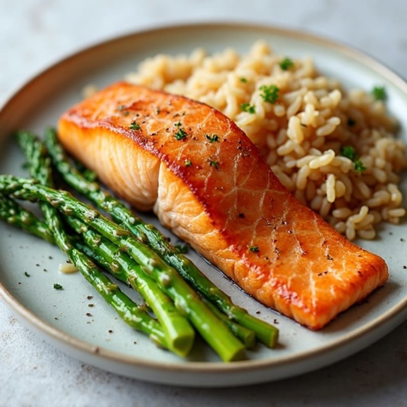 Seared Salmon with Steamed Asparagus and Brown Rice