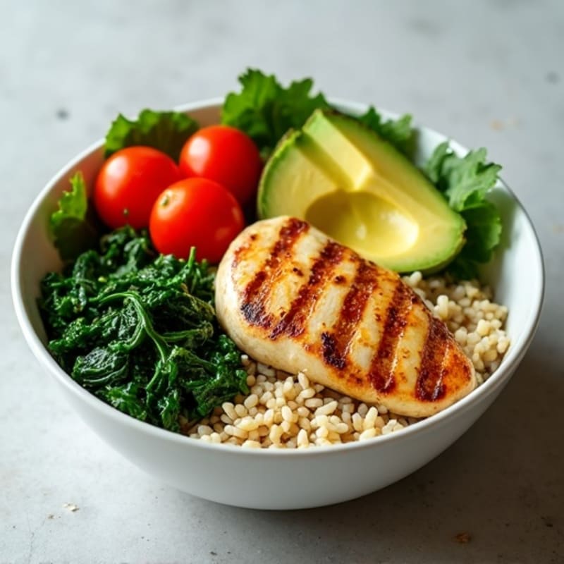 Chicken and Brown Rice Bowl with Sautéed Greens and Fresh Avocado Tomato