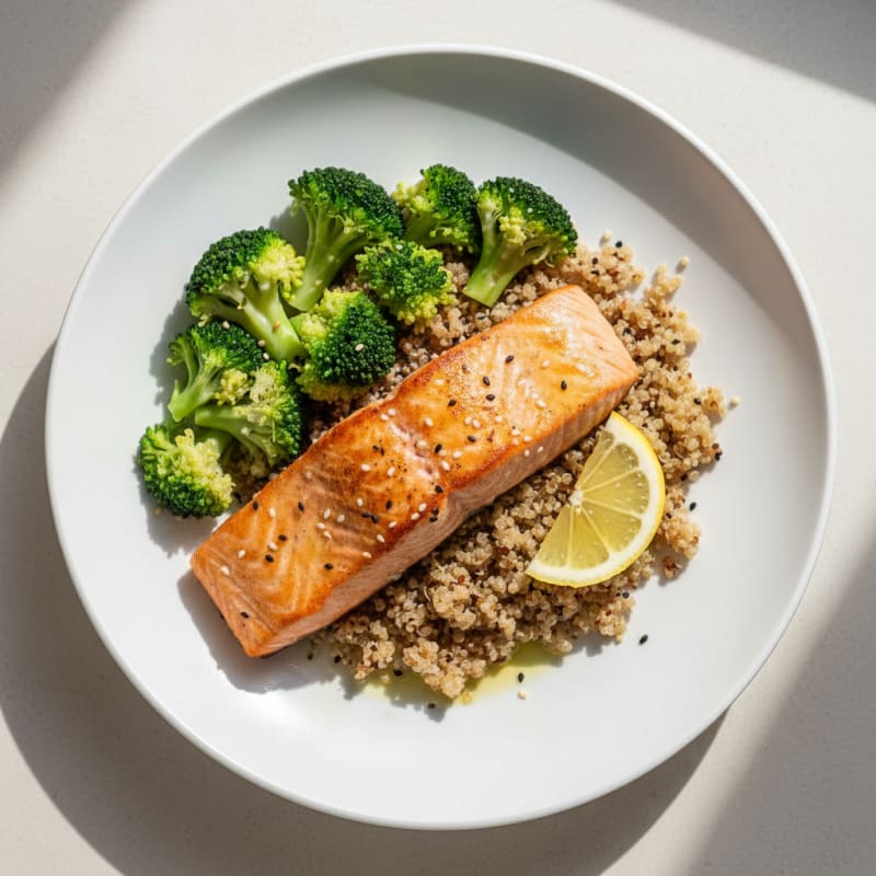Seared Salmon Fillet with Steamed Broccoli and Quinoa