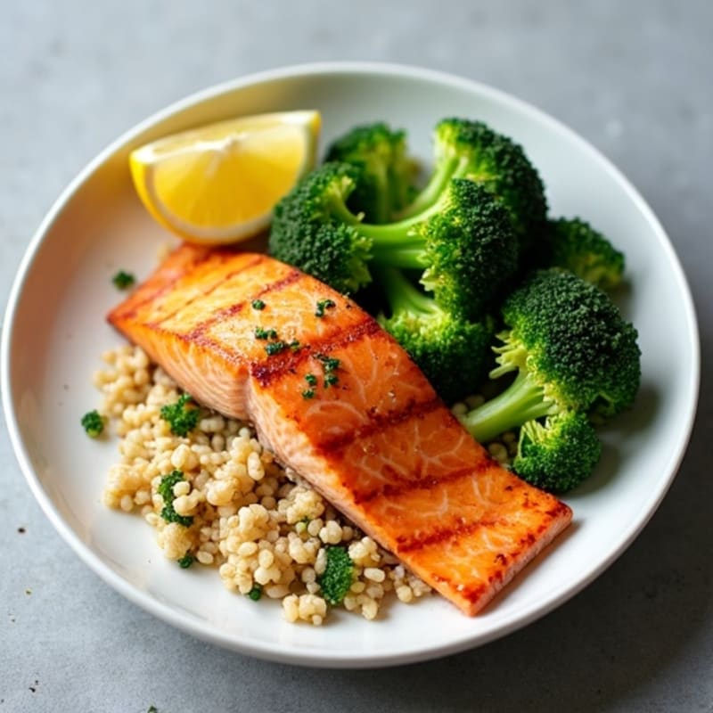 Seared Salmon Fillet with Steamed Broccoli and Quinoa