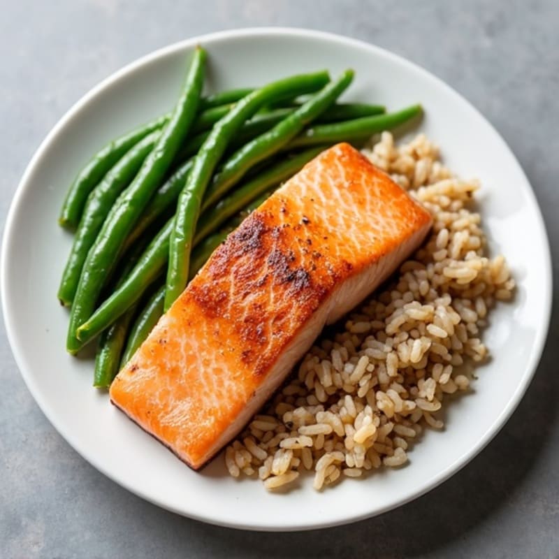 Seared Salmon with Steamed Green Beans and Brown Rice
