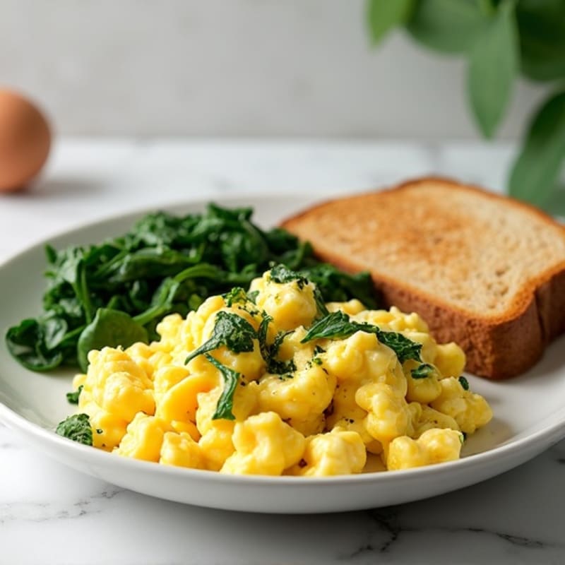 Fluffy Scrambled Eggs with Cottage Cheese and Sautéed Spinach