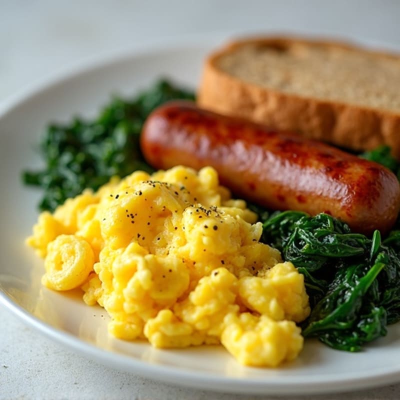 Scrambled Eggs with Turkey Sausage and Sautéed Spinach