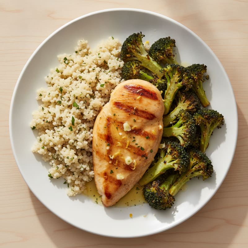 Grilled Lemon Garlic Chicken Breast with Quinoa and Roasted Broccoli