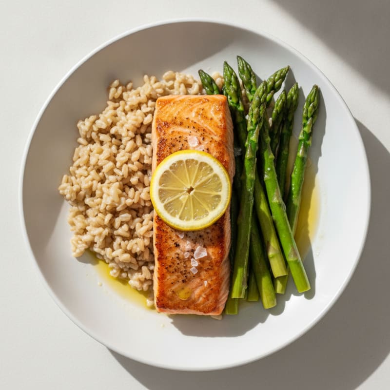 Seared Salmon with Steamed Asparagus and Brown Rice