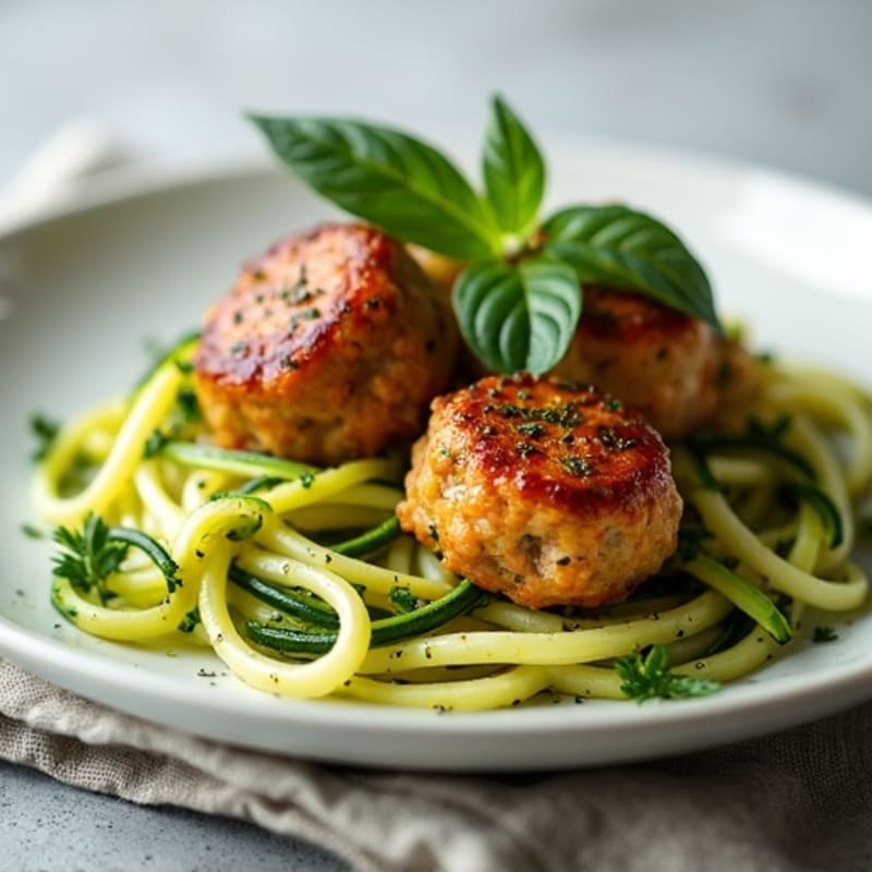 Herb-Garlic Baked Chicken Meatballs with Zucchini Noodles