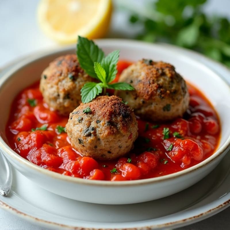 Herb-Crusted Baked Beef Meatballs with Roasted Garlic Marinara
