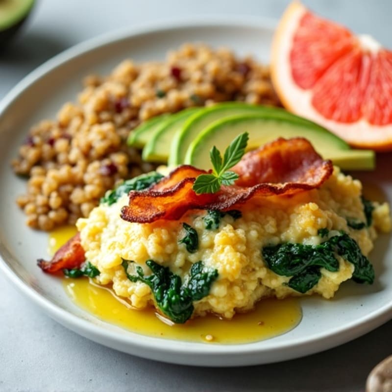 Egg White Scramble with Spinach and Turkey Bacon, served with Quinoa, Avocado & Grapefruit