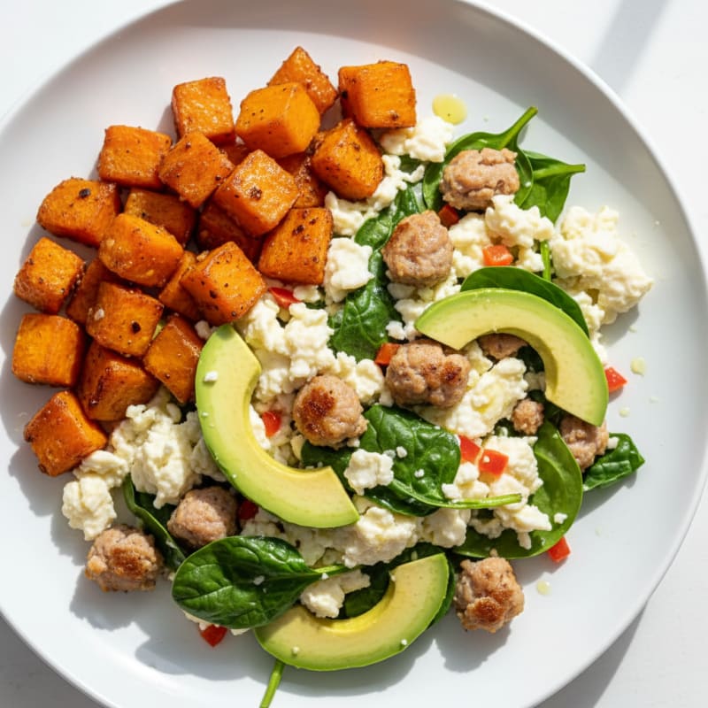Egg White and Turkey Sausage Scramble with Roasted Sweet Potatoes