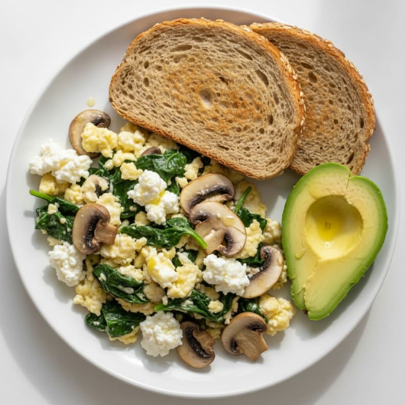 Egg White and Spinach Scramble with Cottage Cheese and Sautéed Mushrooms