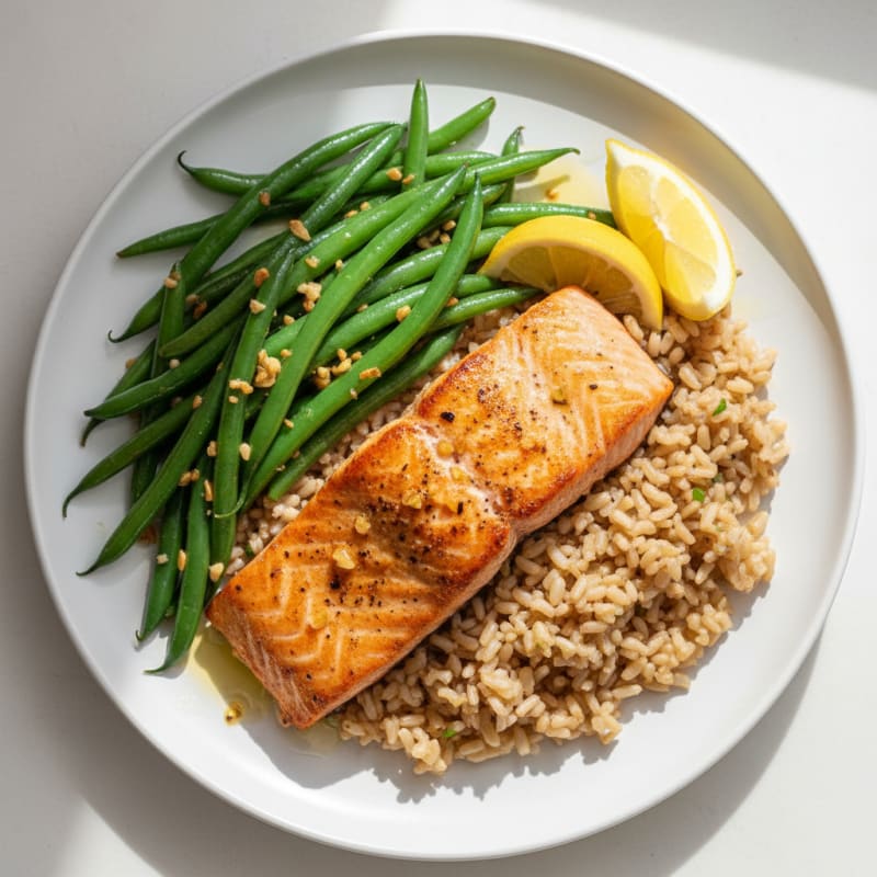 Seared Salmon Fillet with Garlic Green Beans and Brown Rice