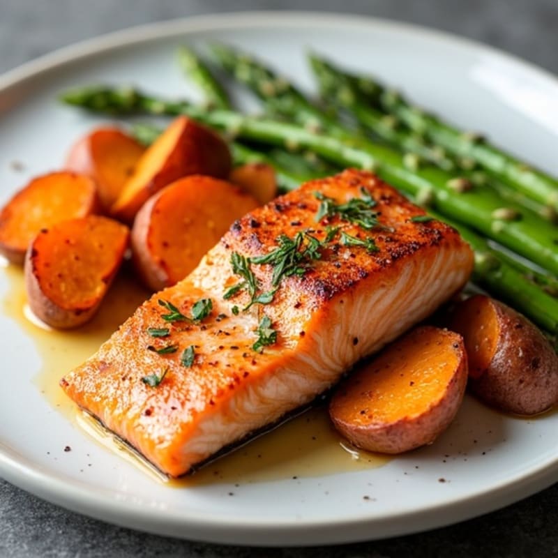 Seared Salmon with Roasted Sweet Potatoes and Asparagus