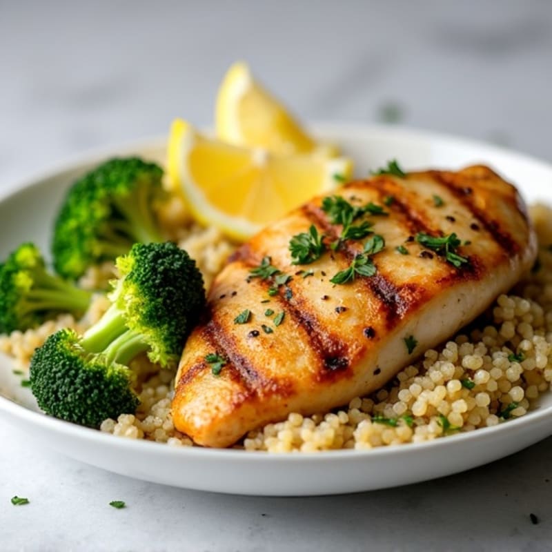 Grilled Lemon Garlic Chicken Breast with Steamed Broccoli and Quinoa