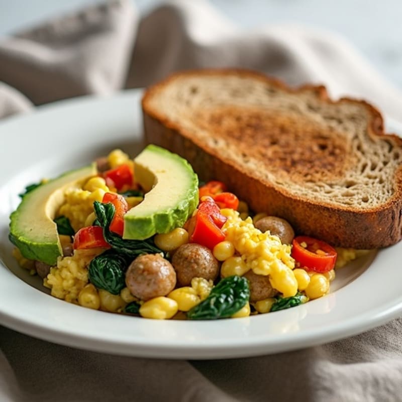 Egg White and Turkey Sausage Scramble with Spinach and Bell Peppers