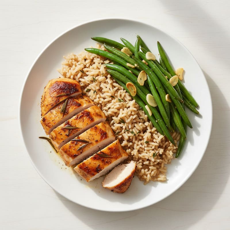 Herb-Roasted Chicken Breast with Garlic Green Beans and Brown Rice