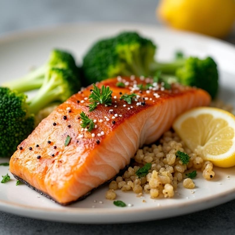 Seared Salmon with Steamed Broccoli and Quinoa