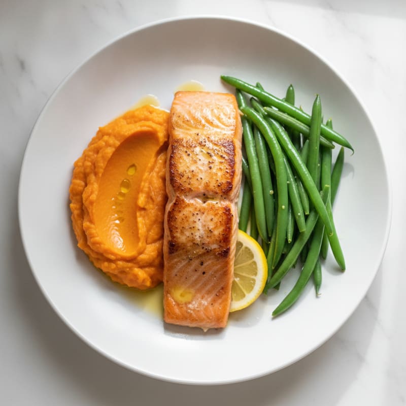 Seared Salmon Fillet with Steamed Green Beans and Sweet Potato Mash
