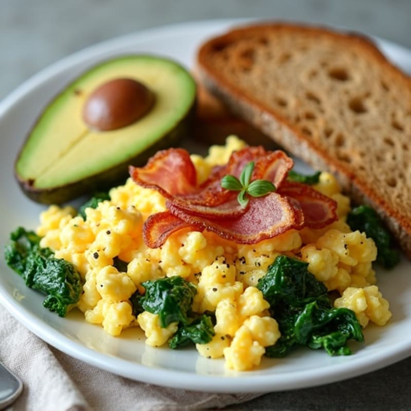 Egg White Spinach Scramble with Cottage Cheese and Turkey Bacon