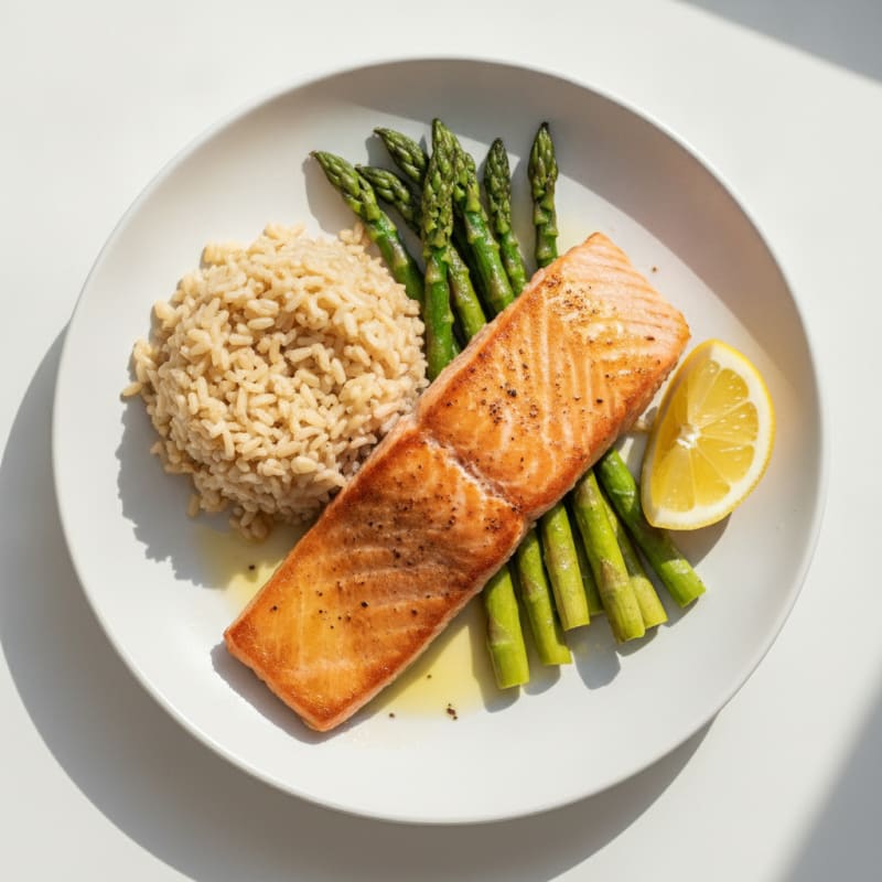 Seared Salmon with Brown Rice and Roasted Asparagus