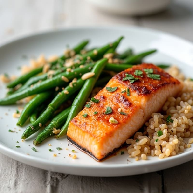 Seared Salmon with Garlic Green Beans and Brown Rice