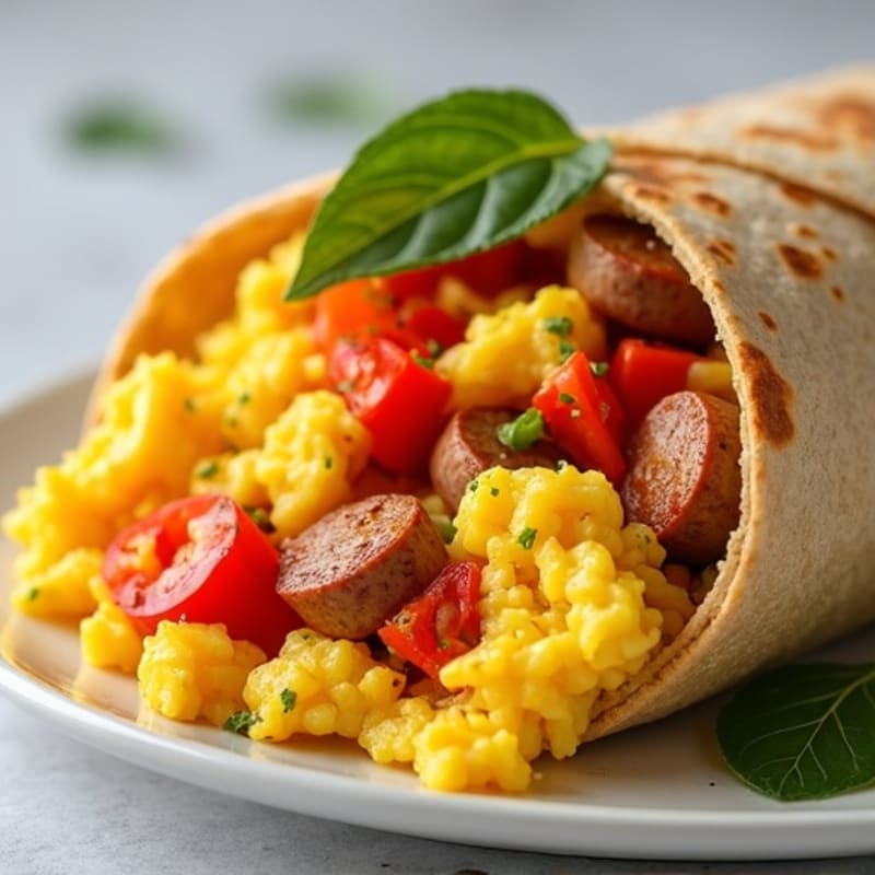 Hearty Scrambled Egg, Lean Turkey Sausage, and Roasted Vegetable Breakfast Burrito