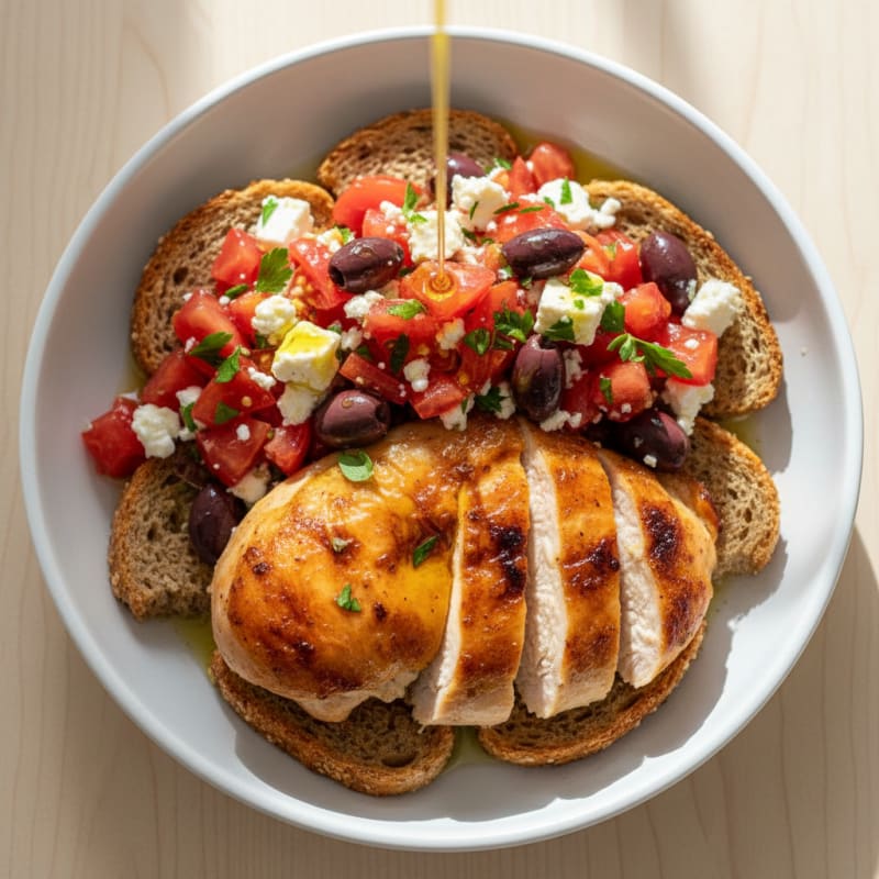 Roast Chicken Breast with Warm Dakos and Tomato Salad
