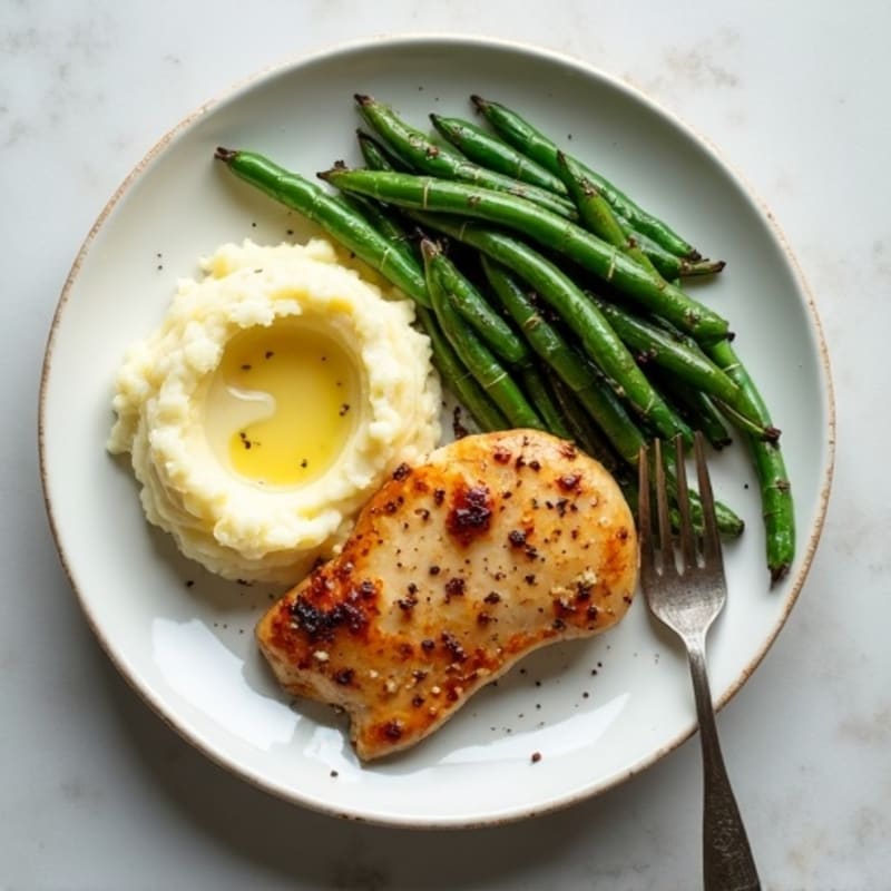Pan-Seared Chicken with Creamy Garlic Mashed Potatoes and Roasted Green Beans