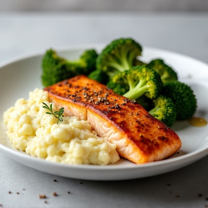 Seared Salmon with Roasted Broccoli and Garlic Mashed Cauliflower