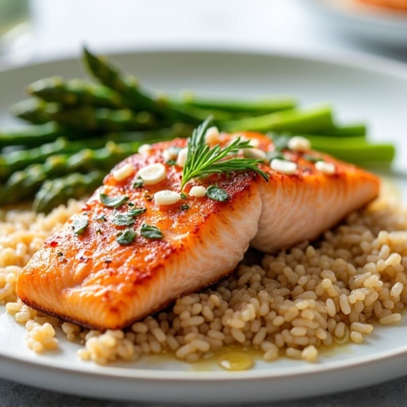 Seared Salmon Fillet with Steamed Asparagus and Brown Rice