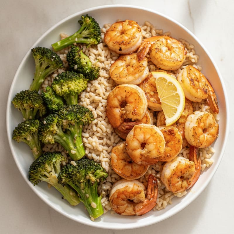 Seared Garlic Shrimp with Roasted Broccoli and Brown Rice