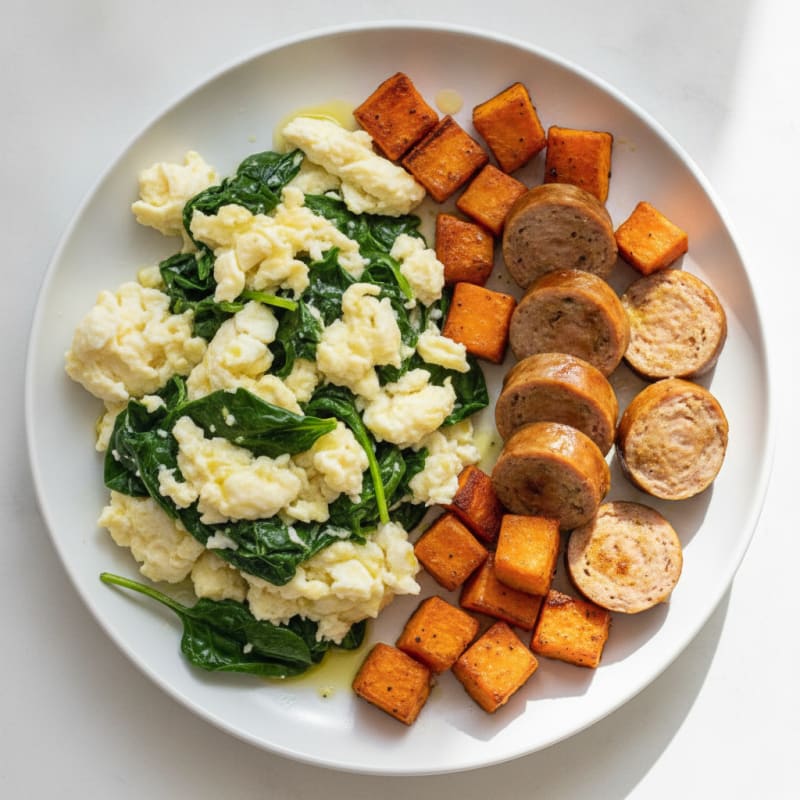 Egg White and Spinach Scramble with Seared Turkey Sausage and Roasted Sweet Potato