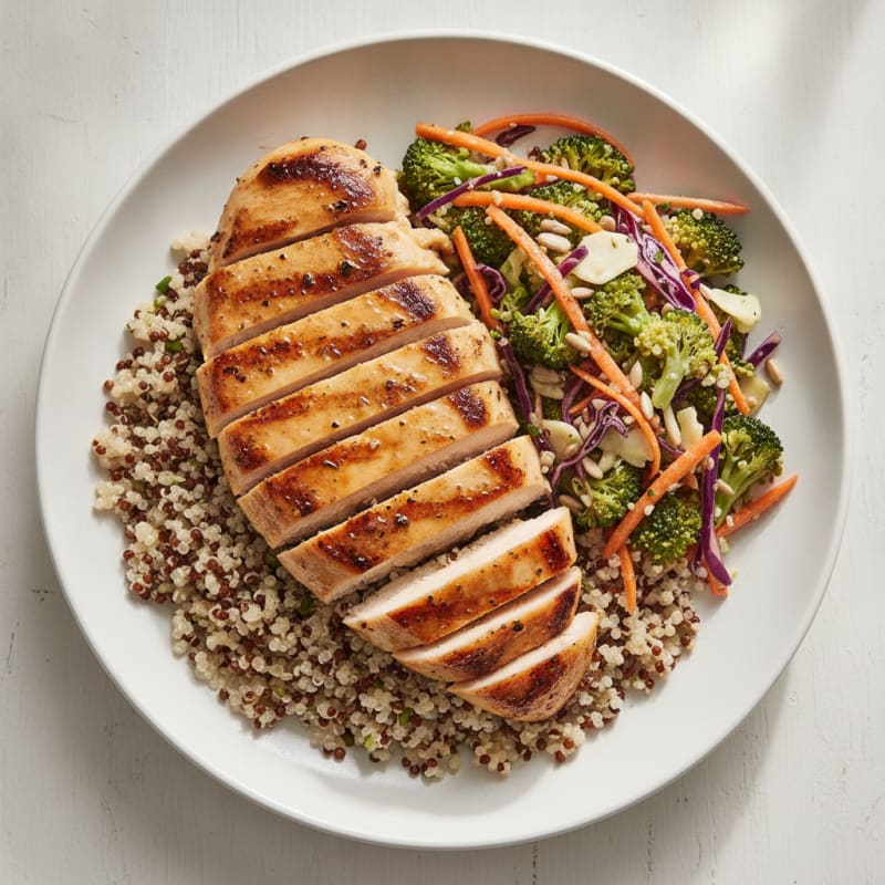 Grilled Chicken Breast with Quinoa and Crunchy Broccoli Slaw