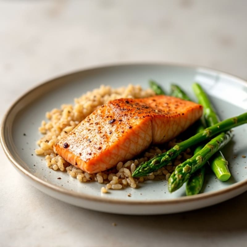 Seared Salmon with Steamed Asparagus and Brown Rice