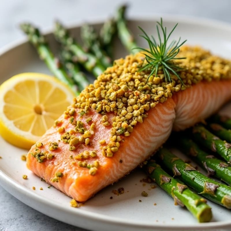 Crispy Pistachio-Crusted Salmon with Lemon-Dill Roasted Asparagus