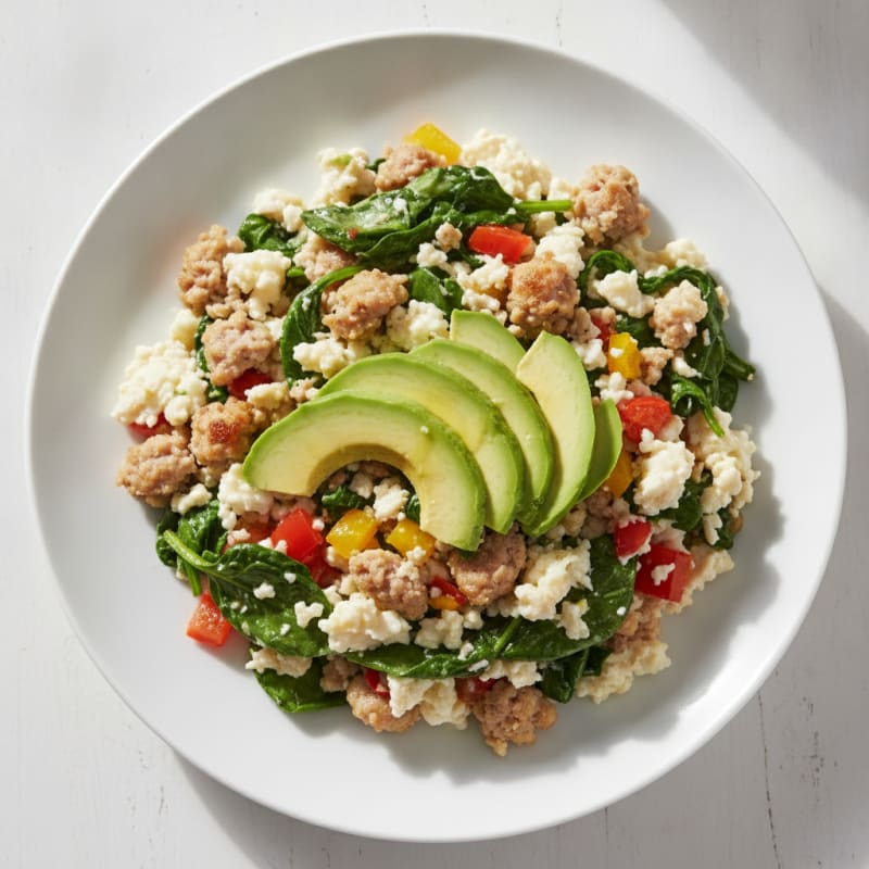 Egg White and Turkey Sausage Scramble with Spinach and Bell Peppers