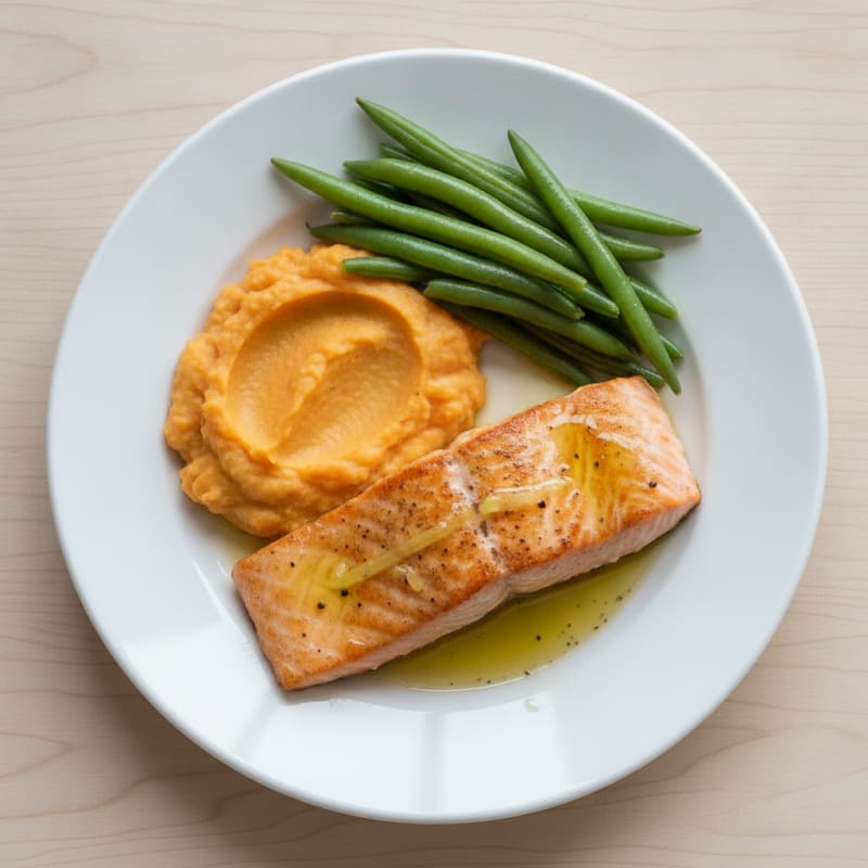 Seared Salmon Fillet with Steamed Green Beans and Sweet Potato Mash