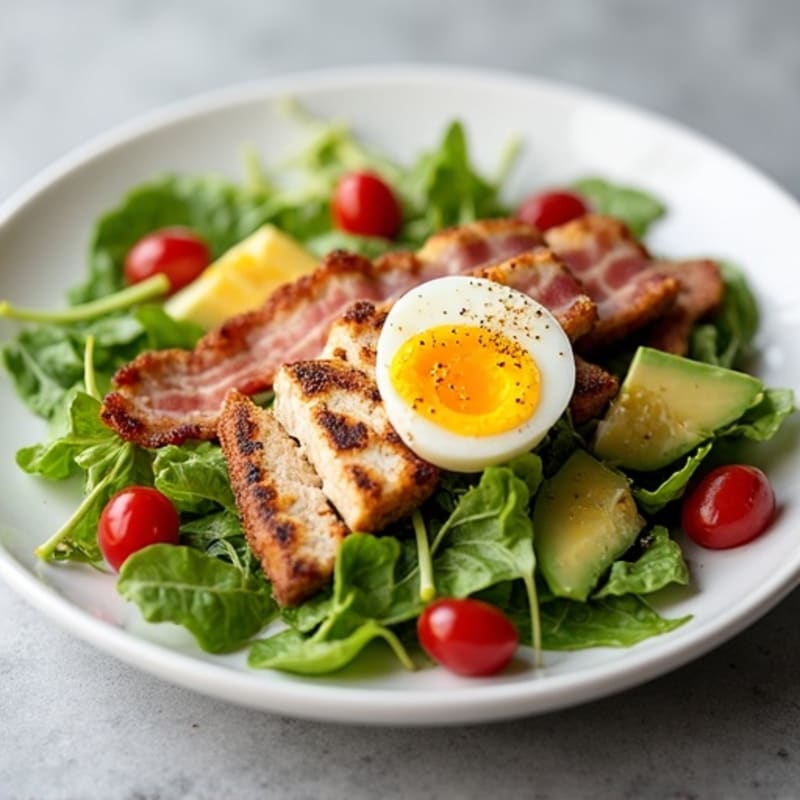 Grilled Chicken and Crispy Bacon Salad with Fresh Greens, Hard-Boiled Egg, and Creamy Avocado