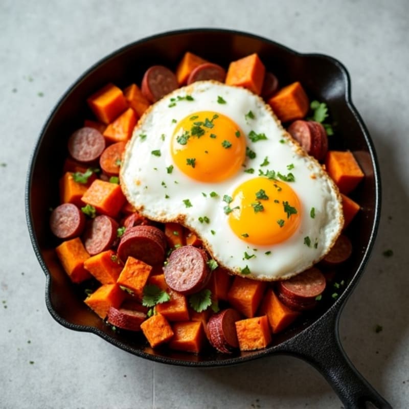 Lean Turkey Sausage and Crispy Sweet Potato Skillet with Baked Eggs
