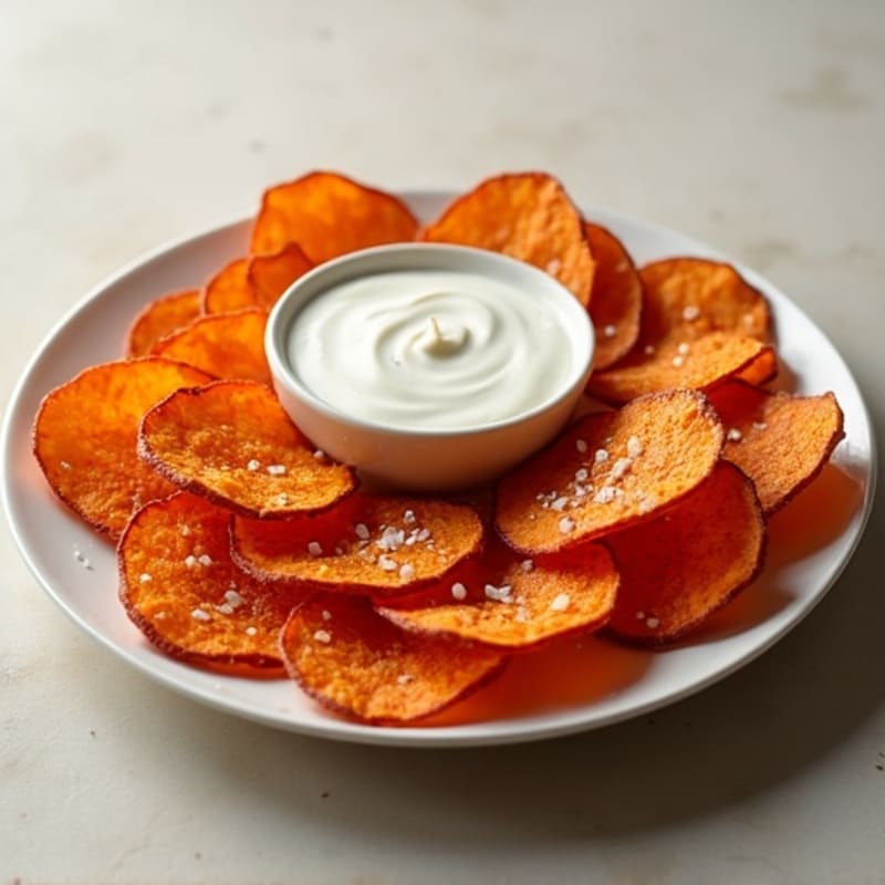 Crispy Baked Sweet Potato Chips with Sea Salt & Protein-Packed Greek Yogurt Dip