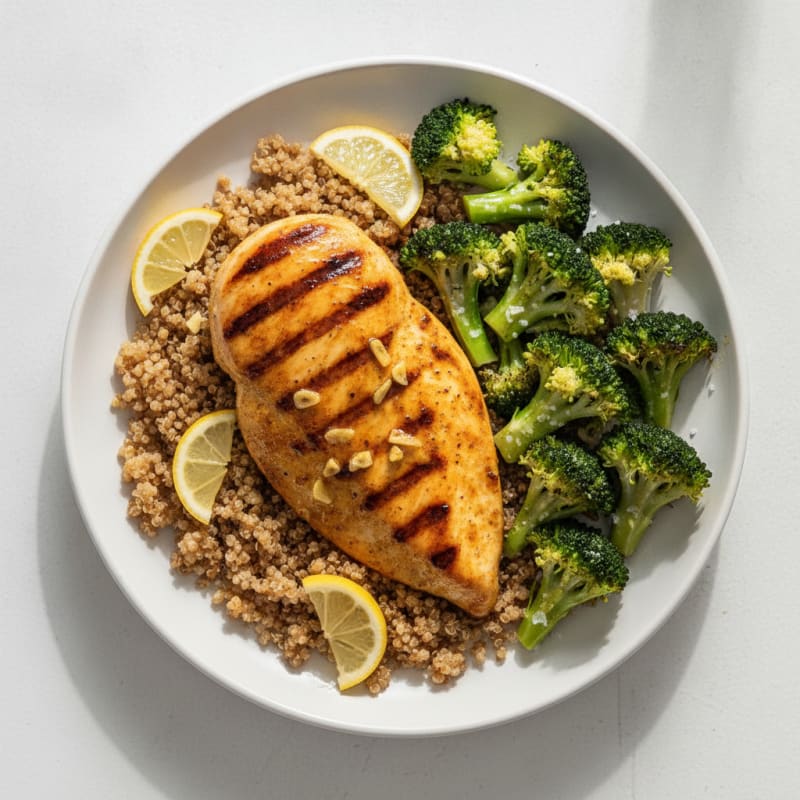 Grilled Lemon Garlic Chicken with Quinoa and Steamed Broccoli