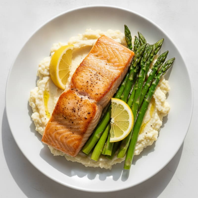 Seared Salmon with Steamed Asparagus and Cauliflower Mash