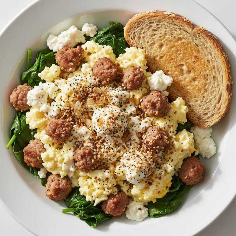 Cottage Cheese Scramble with Turkey Sausage and Sautéed Spinach
