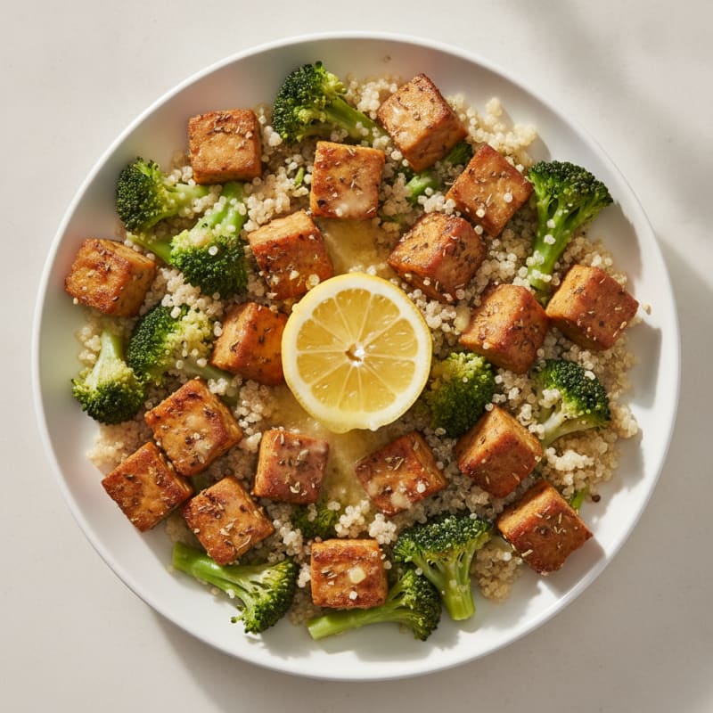 Herb-Roasted Tempeh with Steamed Broccoli and Quinoa