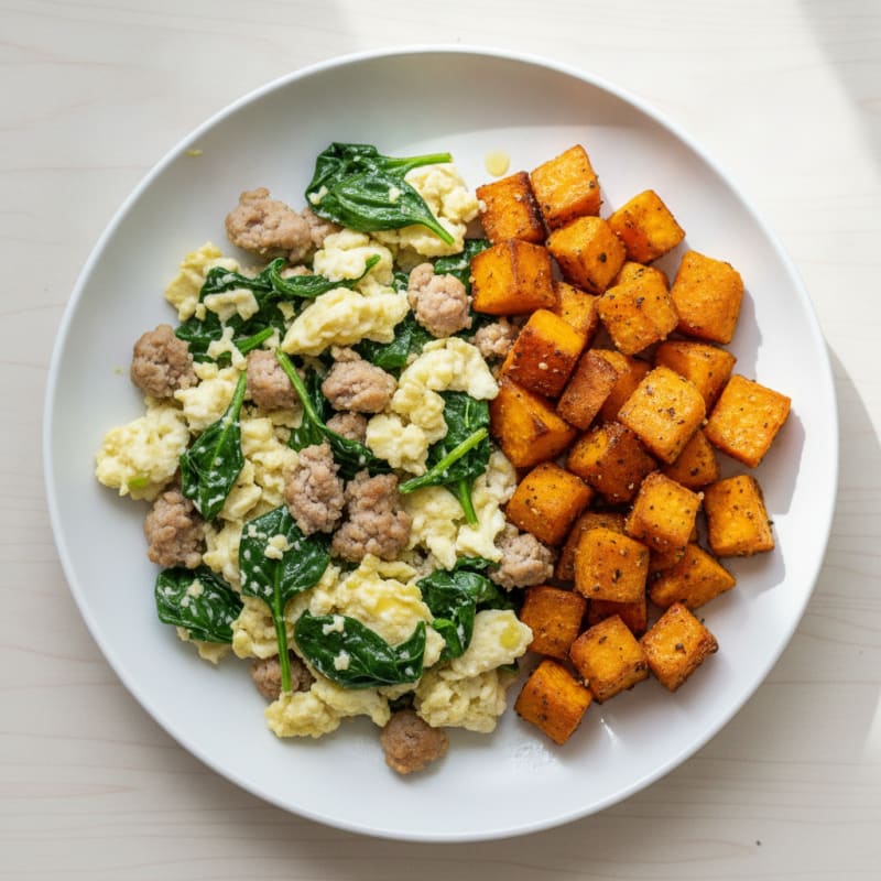 Egg White and Turkey Sausage Scramble with Spinach and Roasted Sweet Potato