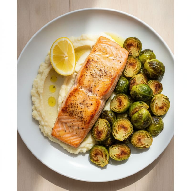 Seared Salmon with Roasted Brussels Sprouts and Cauliflower Mash