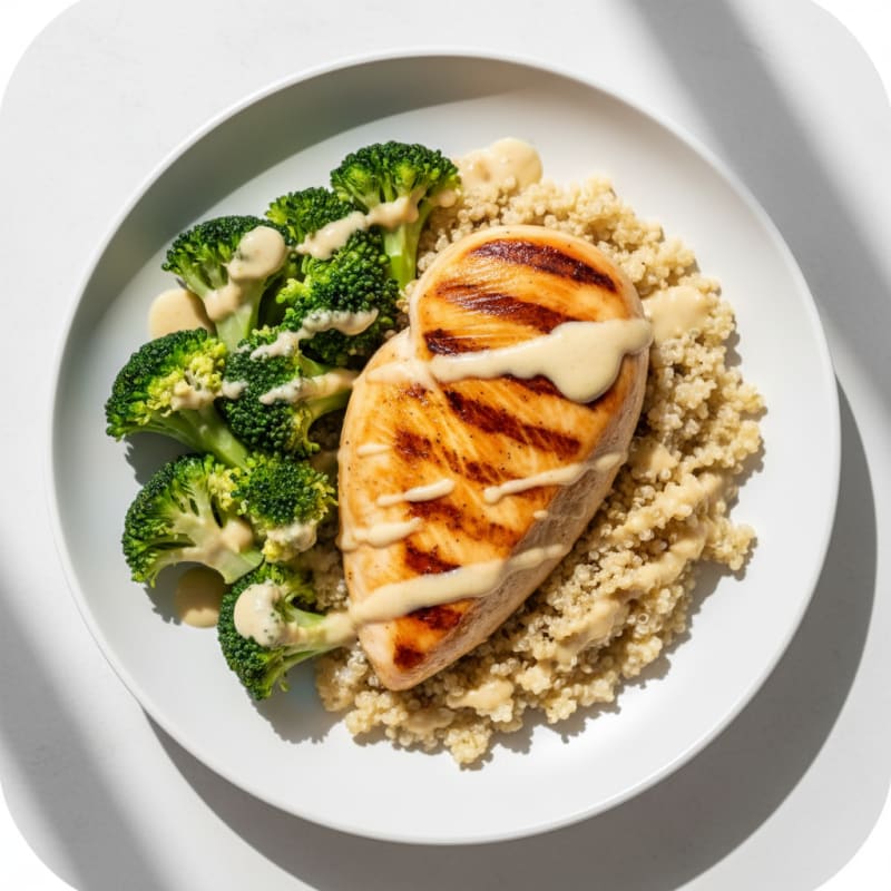 Grilled Chicken Breast with Quinoa, Steamed Broccoli and Lemon Tahini Drizzle