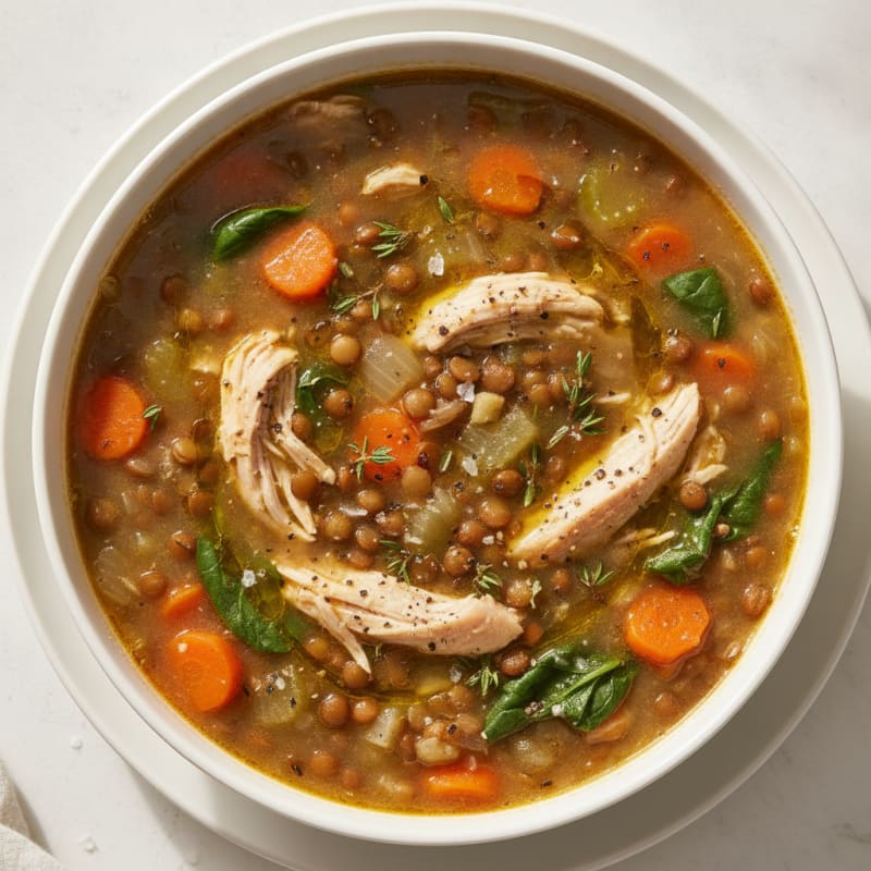 Hearty Vegetable and Lentil Soup with Shredded Chicken