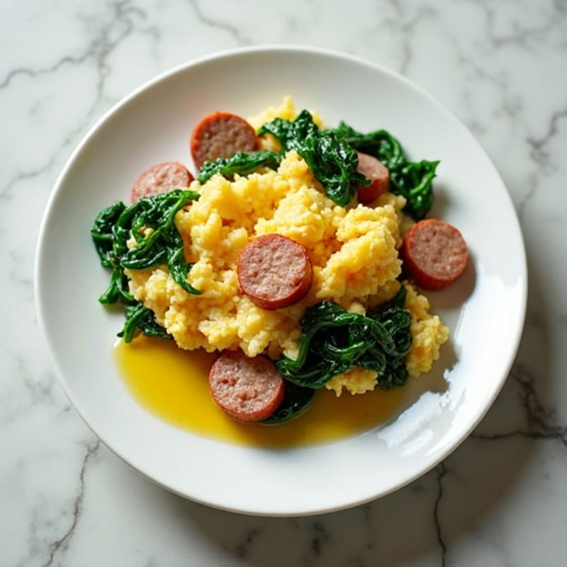 Egg White Scramble with Turkey Sausage and Sautéed Spinach