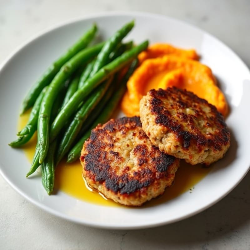 Seared Turkey Patties with Steamed Green Beans and Sweet Potato Mash