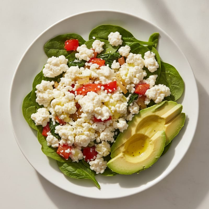 Egg White Veggie Scramble with Cottage Cheese and Fresh Spinach